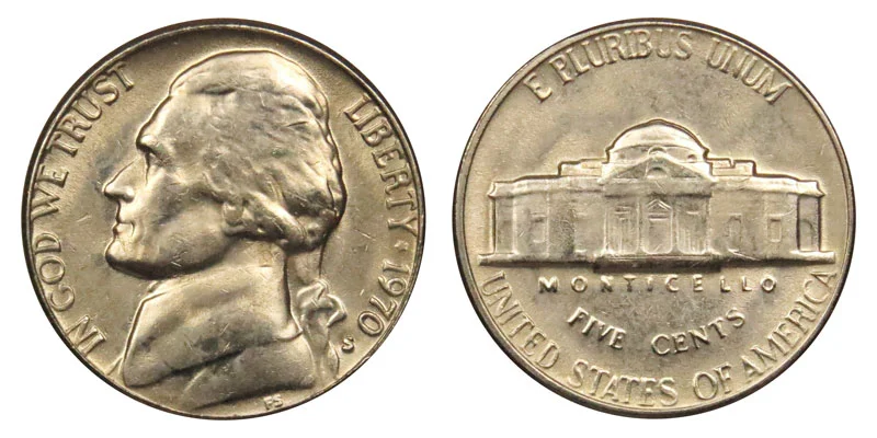 1970 Jefferson nickel obverse and reverse showing mint mark and Monticello design