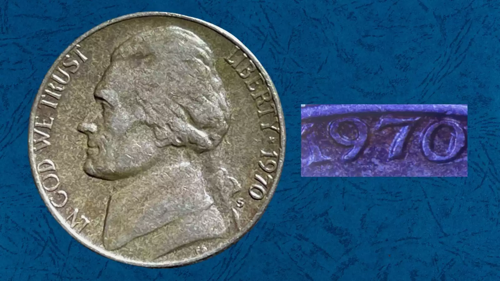 1970 nickel Doubled Die Obverse error showing doubling on LIBERTY and IN GOD WE TRUST