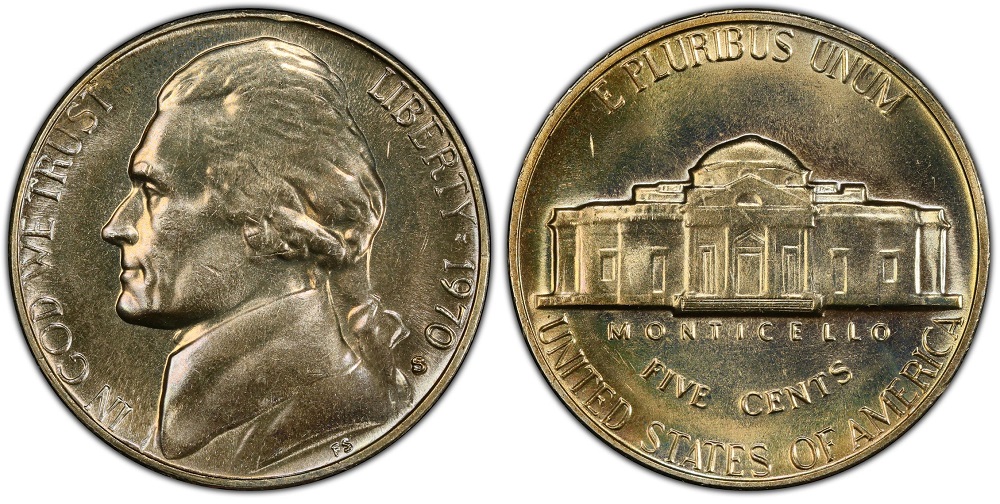 1970 Jefferson nickel grading strip showing four condition tiers from worn to gem uncirculated